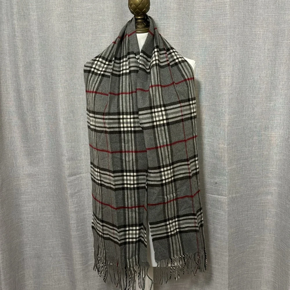 Fraas brand Gray/Black/Red Plaid Scarf-64x11-EUC - Picture 5 of 9